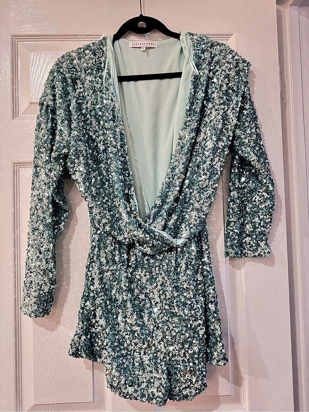 endless rose Long Sleeve Sequin Romper Blue & White Small